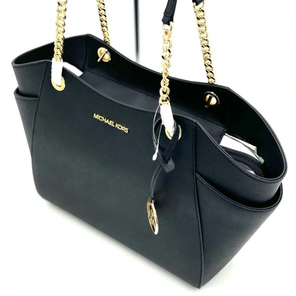 Michael Kors Jet Set Travel Large Chain Shoulder Tote Bag Black/Gold - Picture 8 of 12